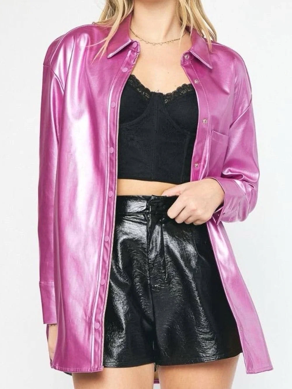 🟠NWT ENTRO Metallic Snap Button Down Shacket in Pink - Picture 2 of 12